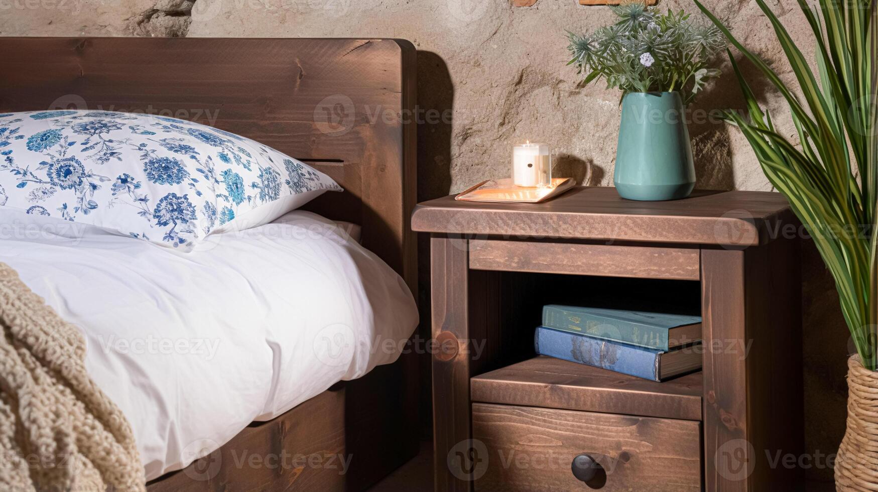 agriturismo Camera da letto arredamento, interno design e di legno arredamento, letto con nazione biancheria da letto, inglese nazione Casa, vacanza noleggio e Villetta stile foto