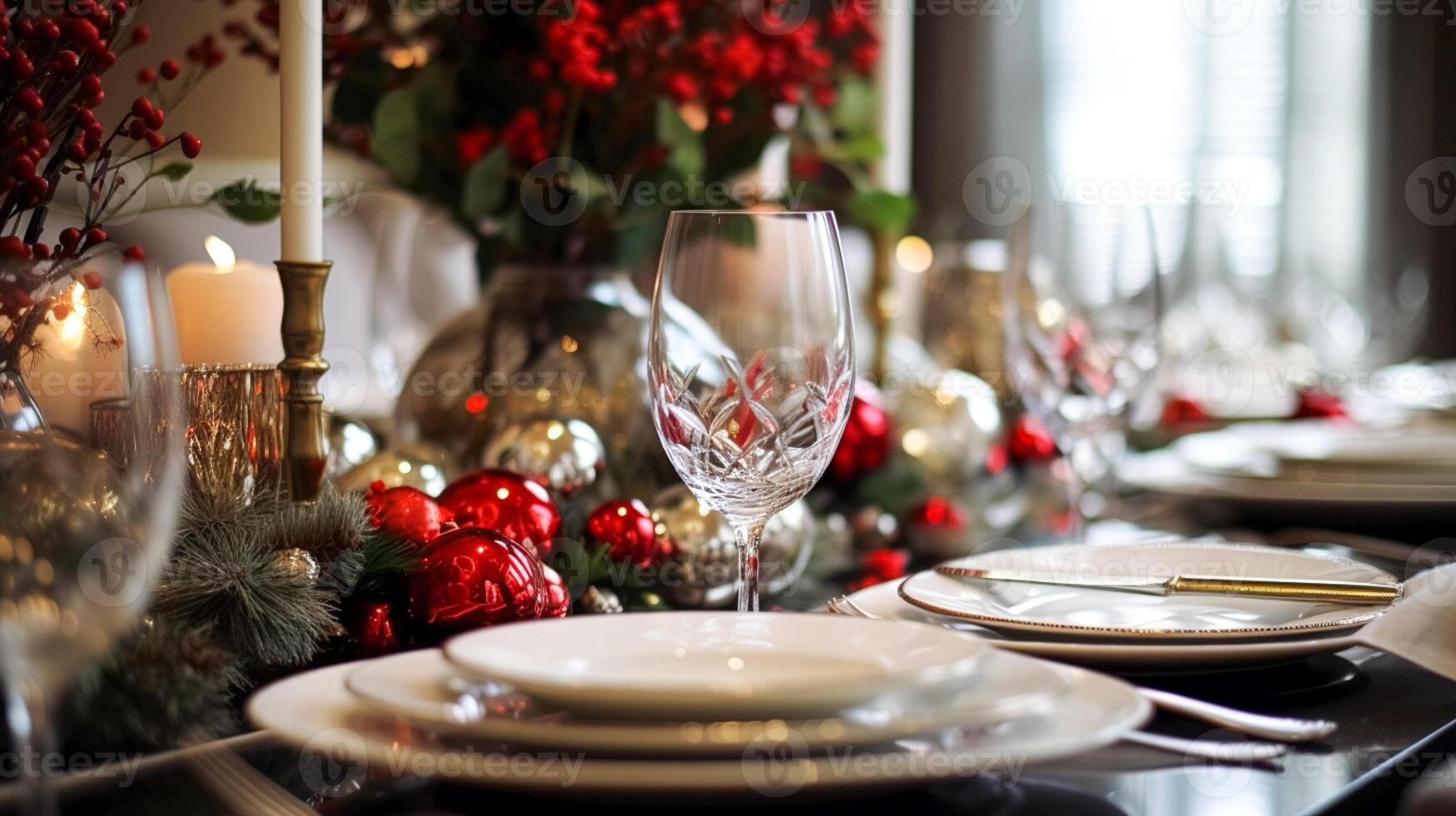 tavolo arredamento, vacanza tablescape e formale cena tavolo ambientazione per Natale, vacanze e evento celebrazione, inglese nazione decorazione e casa messa in piega foto