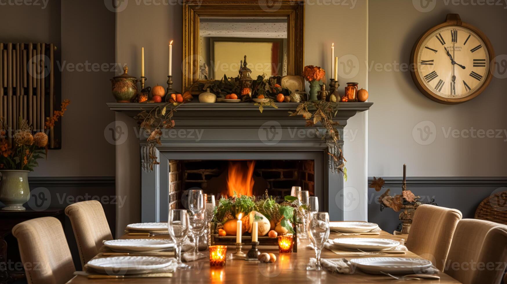cenare camera arredamento, interno design e autunno vacanza celebrazione, elegante autunnale tavolo decorazione con candele e fiori, casa arredamento e nazione Villetta stile foto
