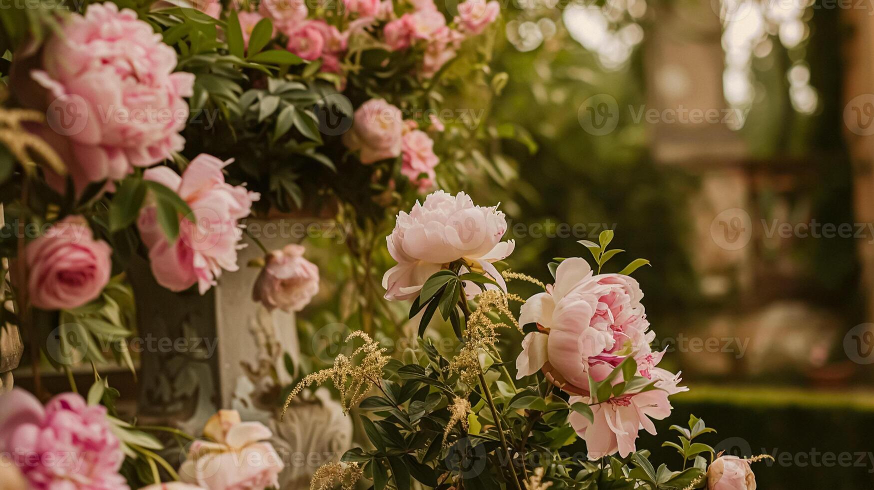 nozze decorazione con peonie, floreale arredamento e evento celebrazione, peonia fiori e nozze cerimonia nel il giardino, inglese nazione stile foto