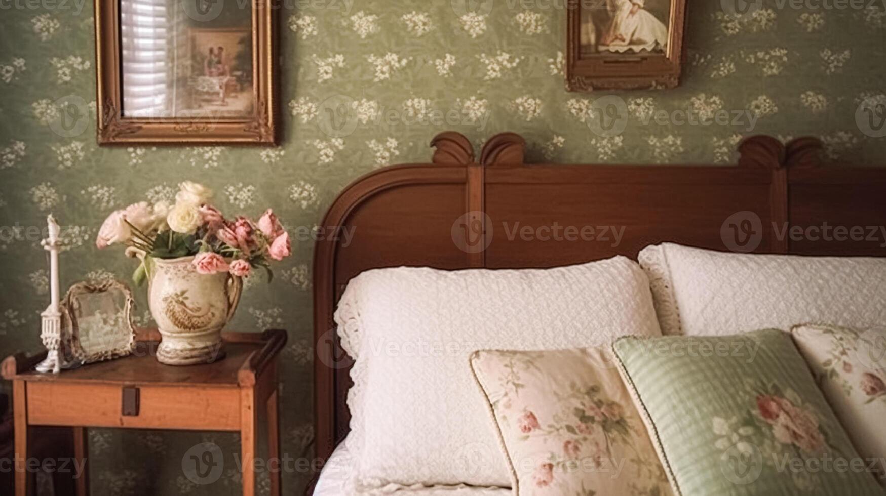 agriturismo Camera da letto arredamento, interno design e di legno arredamento, letto con nazione biancheria da letto, inglese nazione Casa, vacanza noleggio e Villetta stile foto