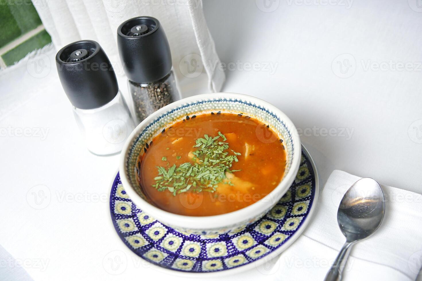 al forno Patata con acida crema e coriandolo su un' bianca piatto foto