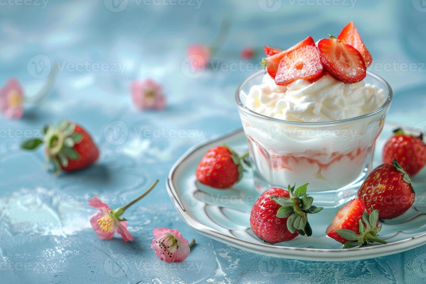 fragole con frustato crema. dolce dolce nel un' piatto. blu pastello sfondo foto