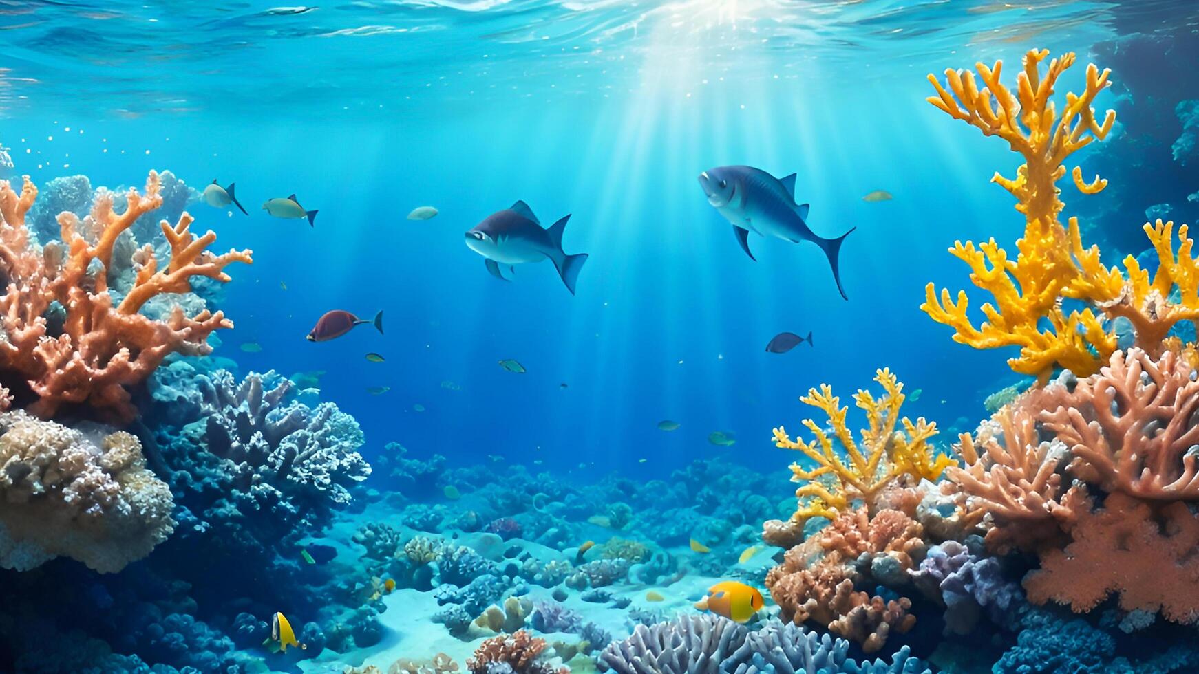 scoprire il vivace subacqueo Paradiso corallo scogliere, pesce, e i raggi del sole nel il chiaro blu oceano. foto