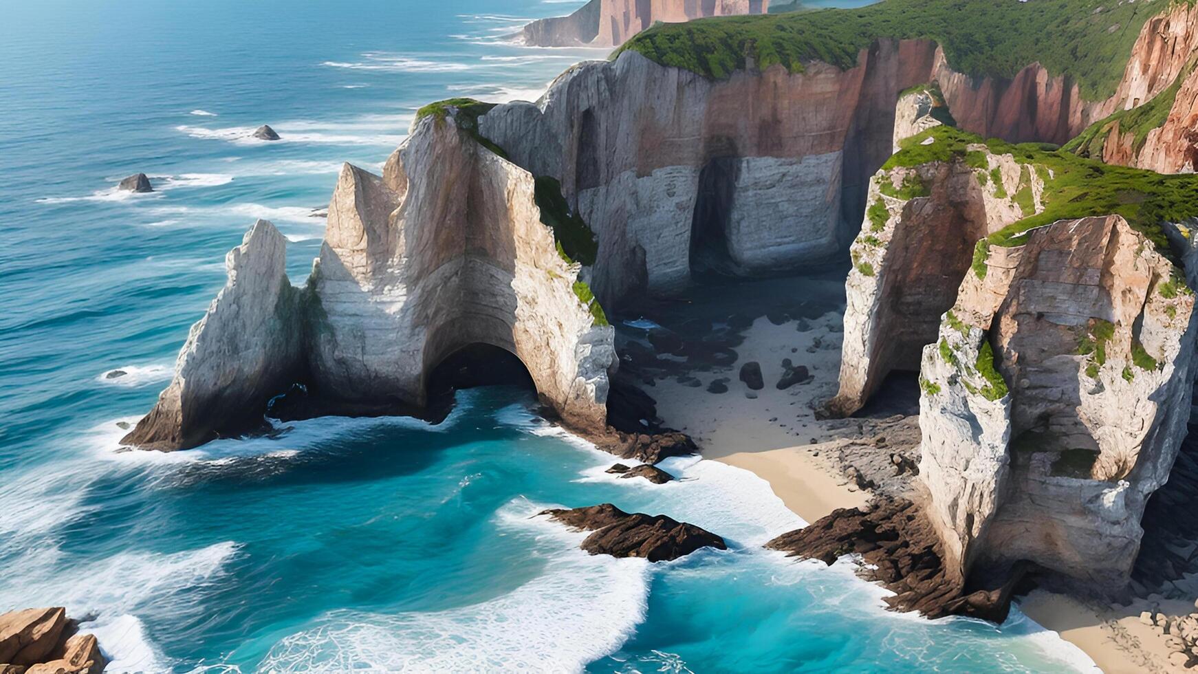 superiore Visualizza di mozzafiato costiero scogliere un' panoramico Visualizza di naturale archi, turchese acque, e roccioso sponde. foto