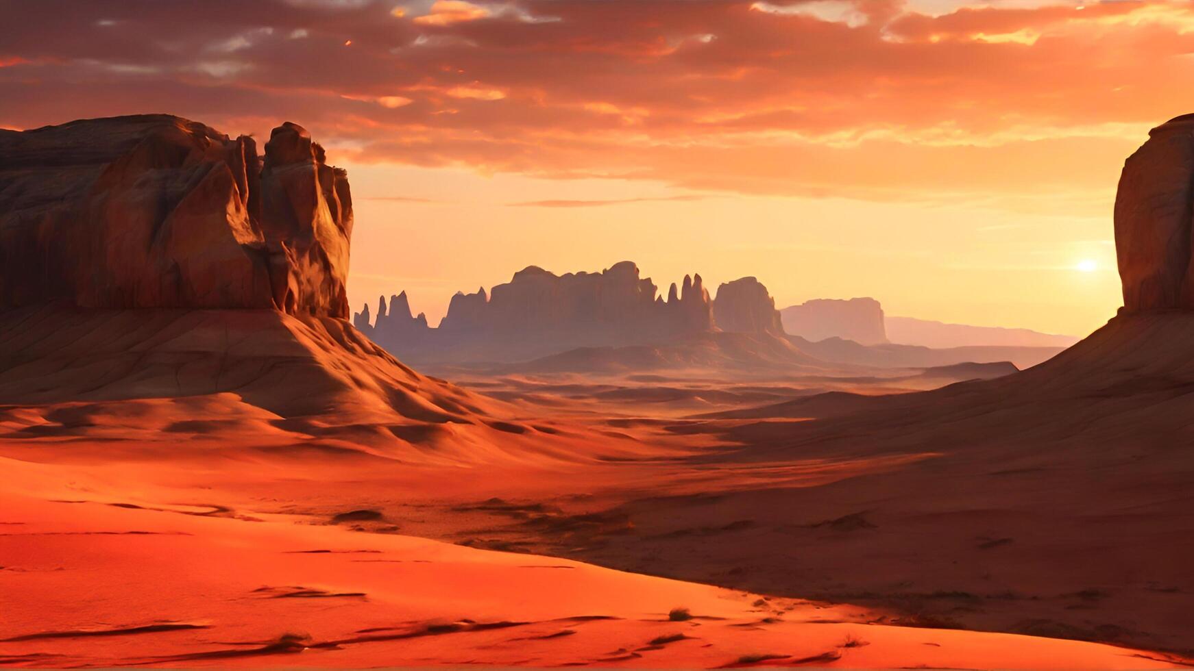 mozzafiato tramonto al di sopra di un' rosso deserto paesaggio con torreggiante roccia formazioni e ondulato sabbia dune. deserto duna paesaggio a tramonto contro montagne sotto rosso cielo sfondo. foto