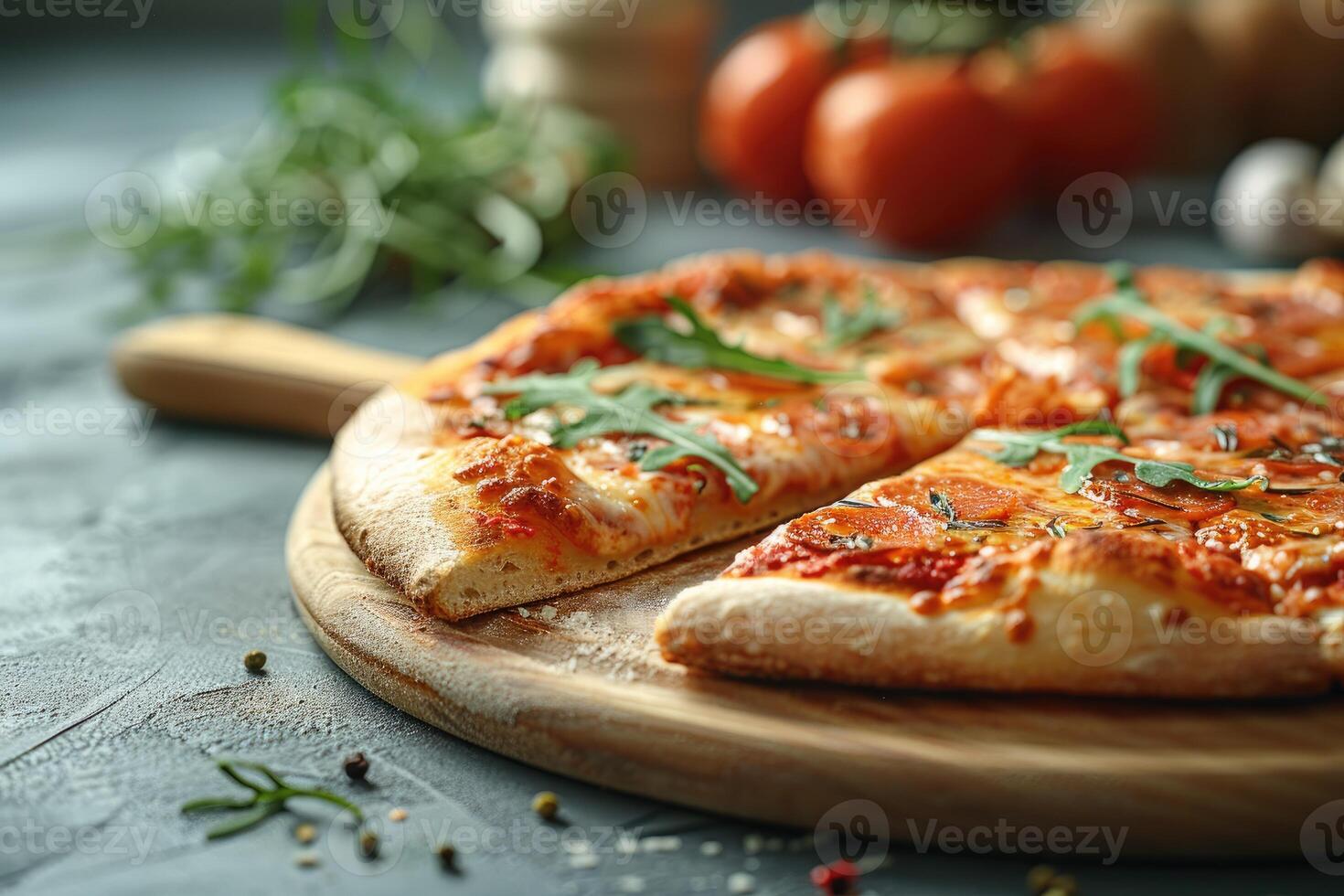 un' fetta di Pizza è posto su un' piccolo moderno di legno tavola su un' pulito cucina tavolo professionale pubblicità cibo fotografia foto