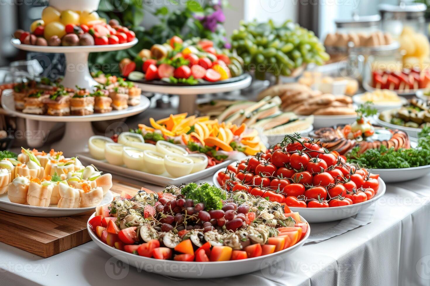 lussuoso decorazione di bianca tovaglie con molte di dito cibo preparato professionale pubblicità cibo fotografia foto