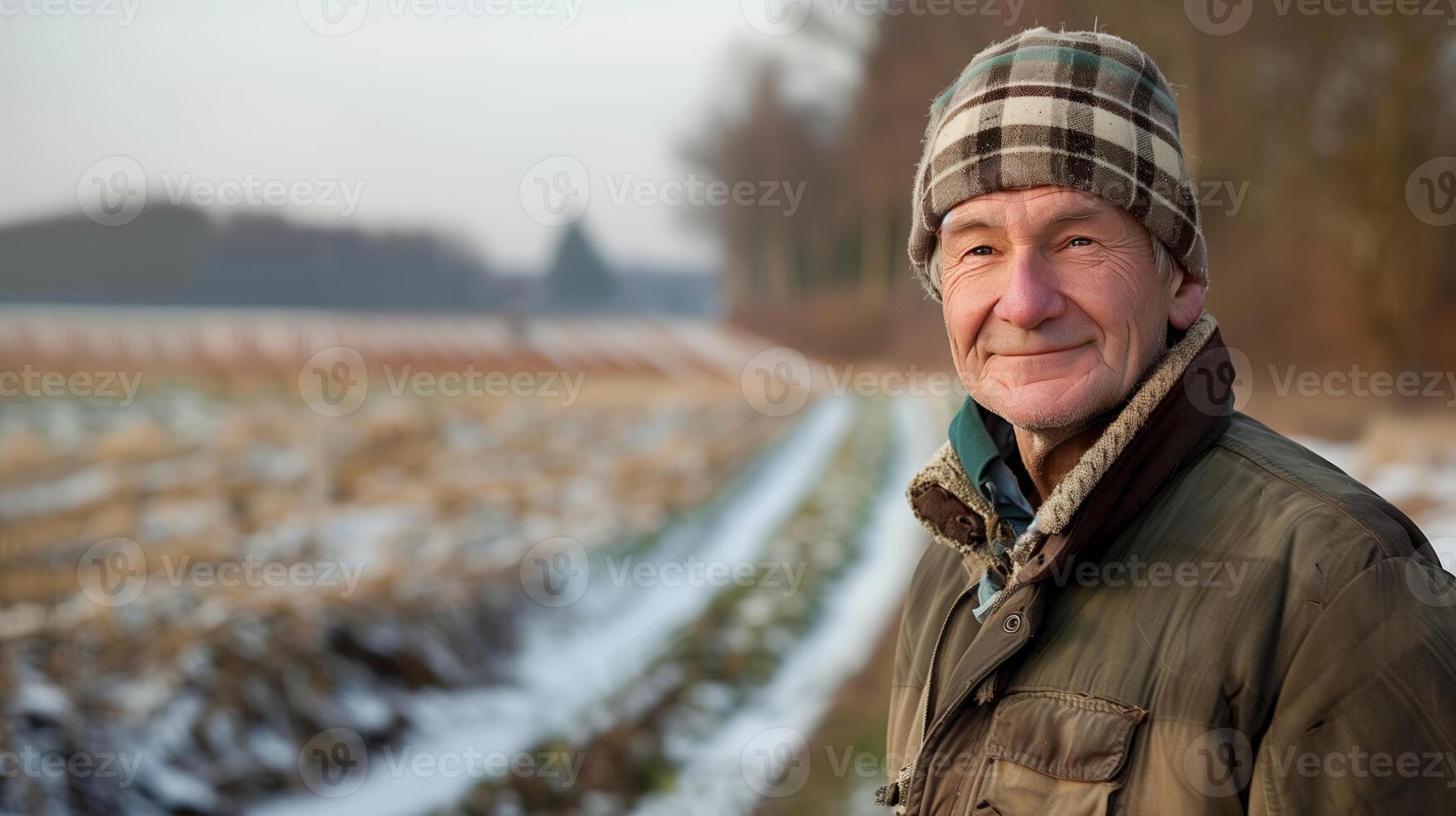un' contadino in piedi su un' inverno campo. suggerimento di un' Sorridi, guardare in telecamera, in ritardo pomeriggio. generato di artificiale intelligenza. foto