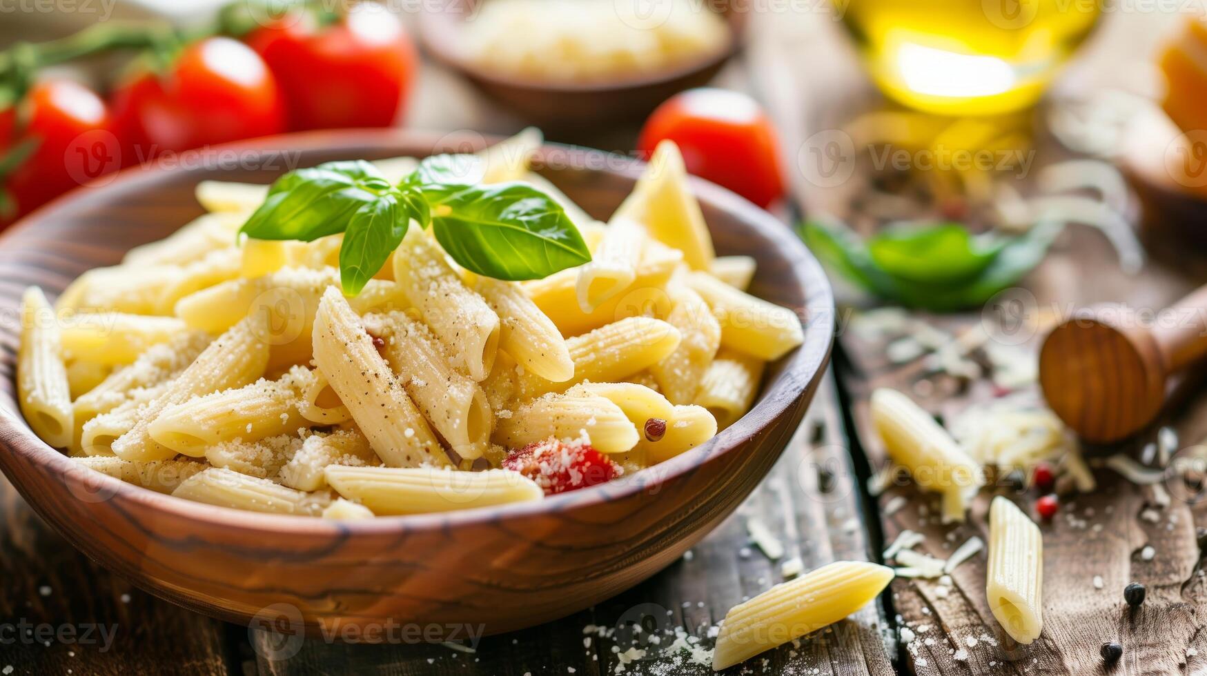 pasta con pomodori e spinaci nel un' ciotola. un italiano spaghetti piatto, vicino su, parmigiano formaggio, cibo fotografia. generato di artificiale intelligenza. foto