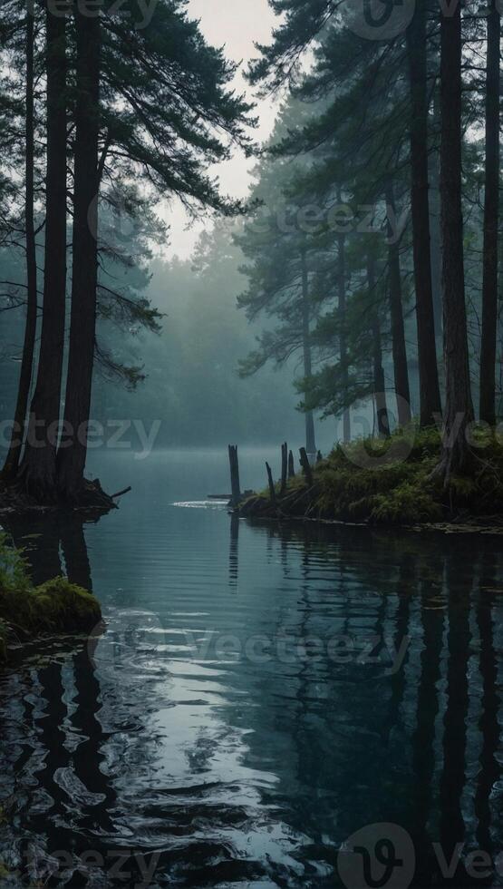 cristallo chiaro lago avvolto nel nebbia circondato di torreggiante alberi quello raggiungere su in direzione il cielo foto