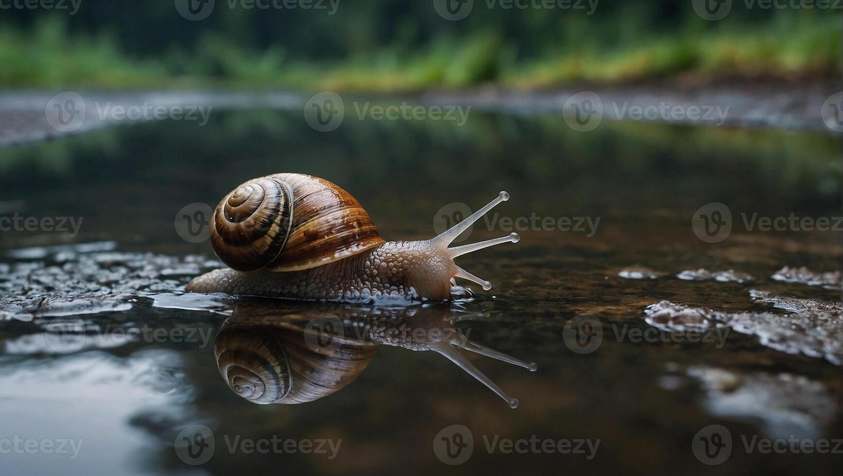 lumaca senza fretta si sposta attraverso umido terra abbondantemente laden con pozzanghere. paesaggio specchi si nel il acqua foto