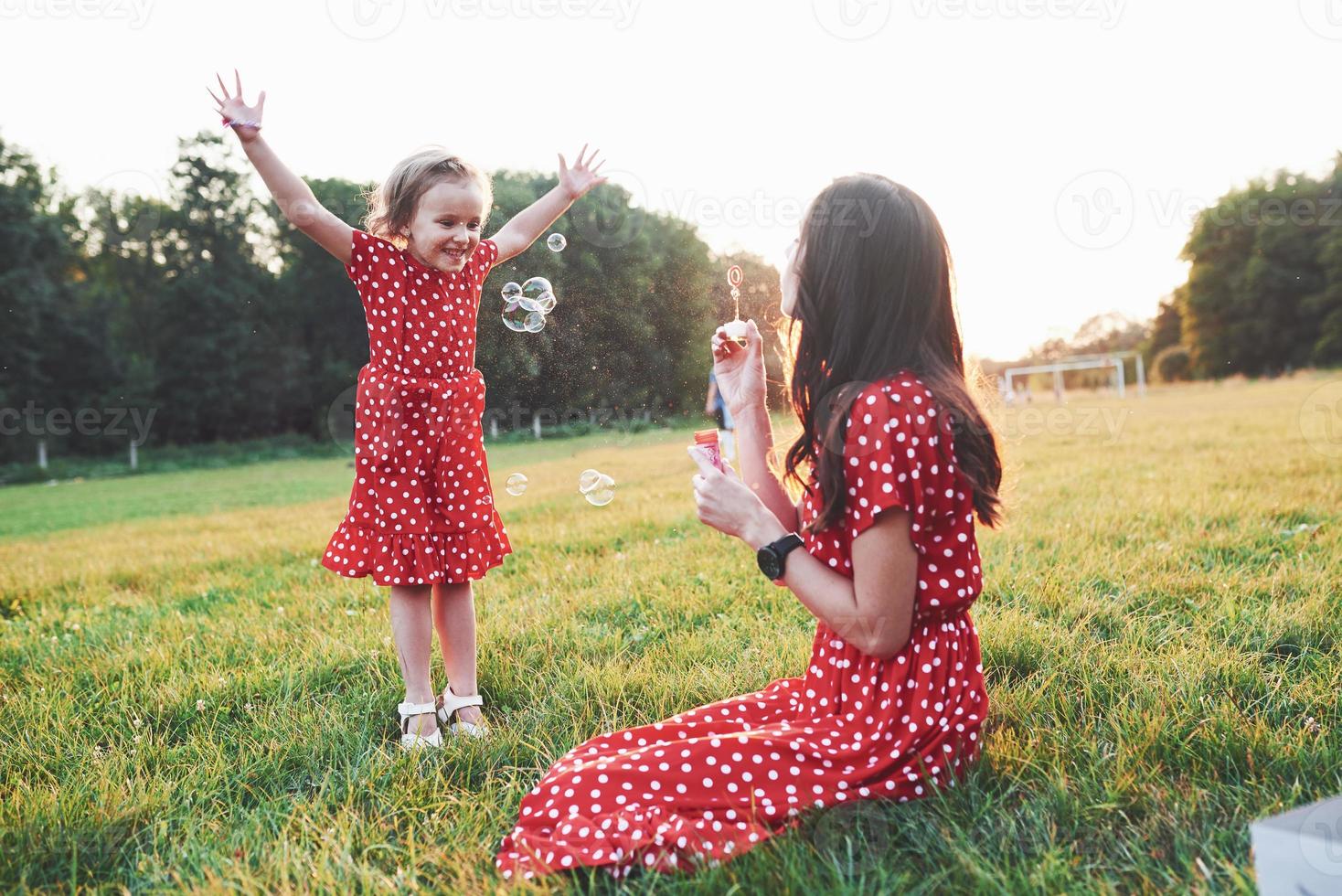 tanti di loro. ragazza con sua figlia che si diverte con le bolle fuori seduta sull'erba foto