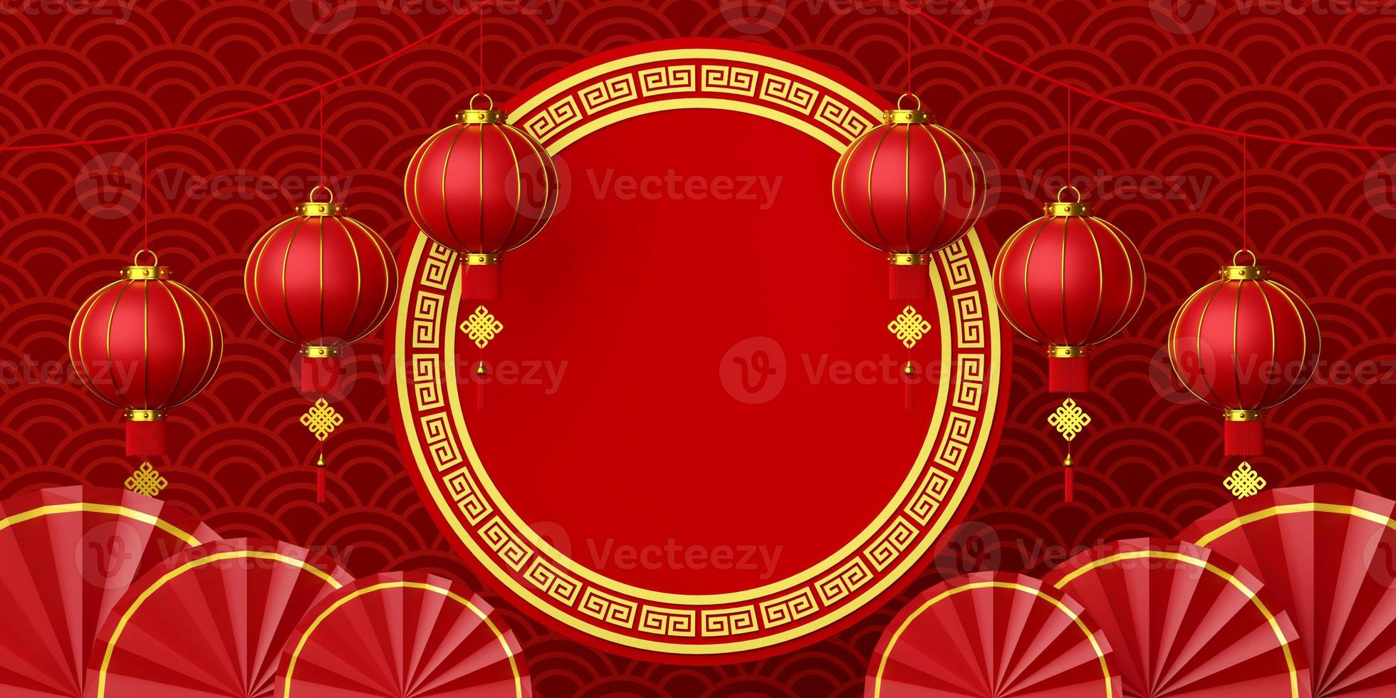 Illustrazione 3d del banner del capodanno cinese con lanterna appesa foto