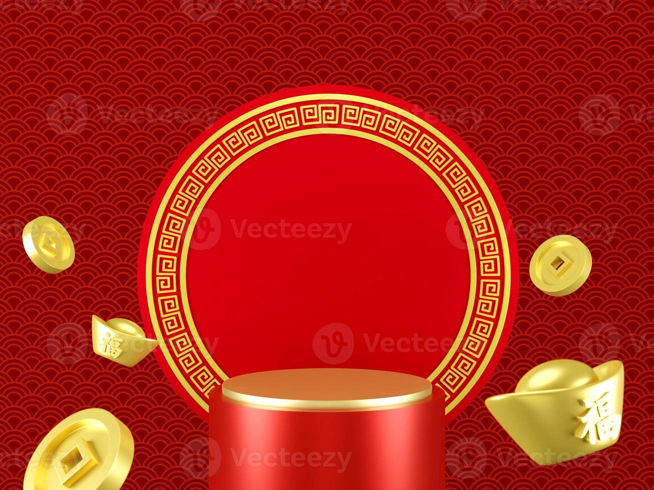 Illustrazione 3d del podio con lanterna cinese, felice anno nuovo cinese foto