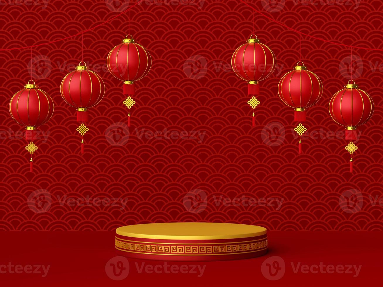 Illustrazione 3d del podio con lanterna cinese, felice anno nuovo cinese foto