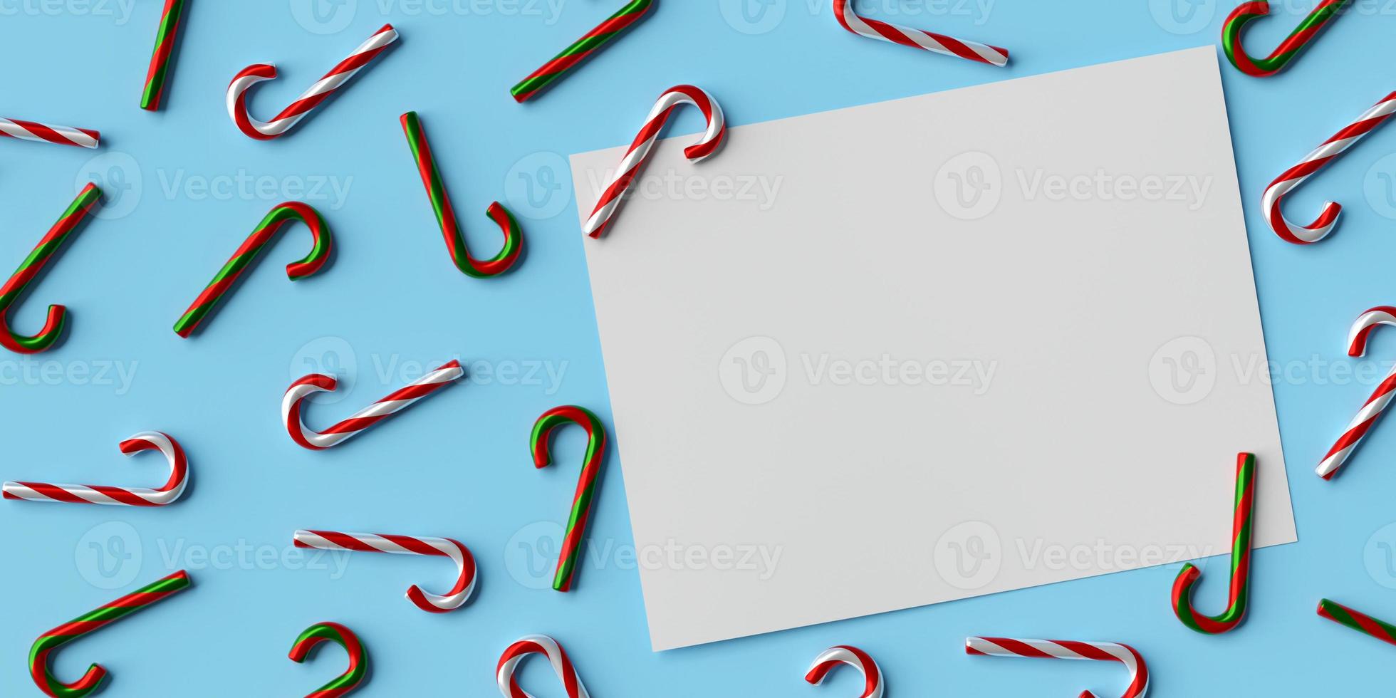 mockup di carta bianca su sfondo blu con bastoncino di zucchero natalizio, illustrazione 3d foto