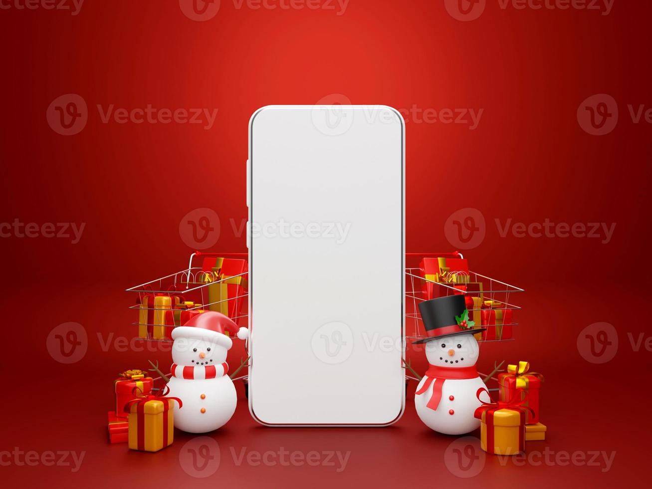 shopping natalizio vendita online, smartphone con pupazzo di neve e shopping card piena di regali, illustrazione 3d foto