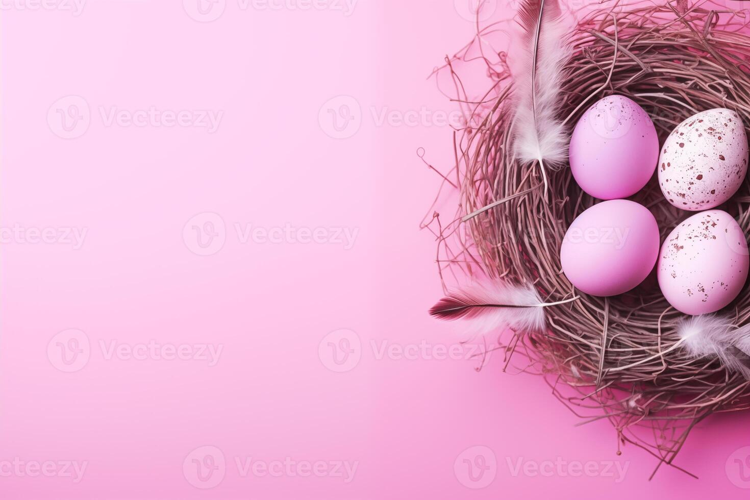 Pasqua vacanza celebrazione bandiera saluto carta con pastello dipinto uova nel uccello nido su luminosa rosa backround tabel struttura.. superiore Visualizza, piatto posare con copia spazio foto