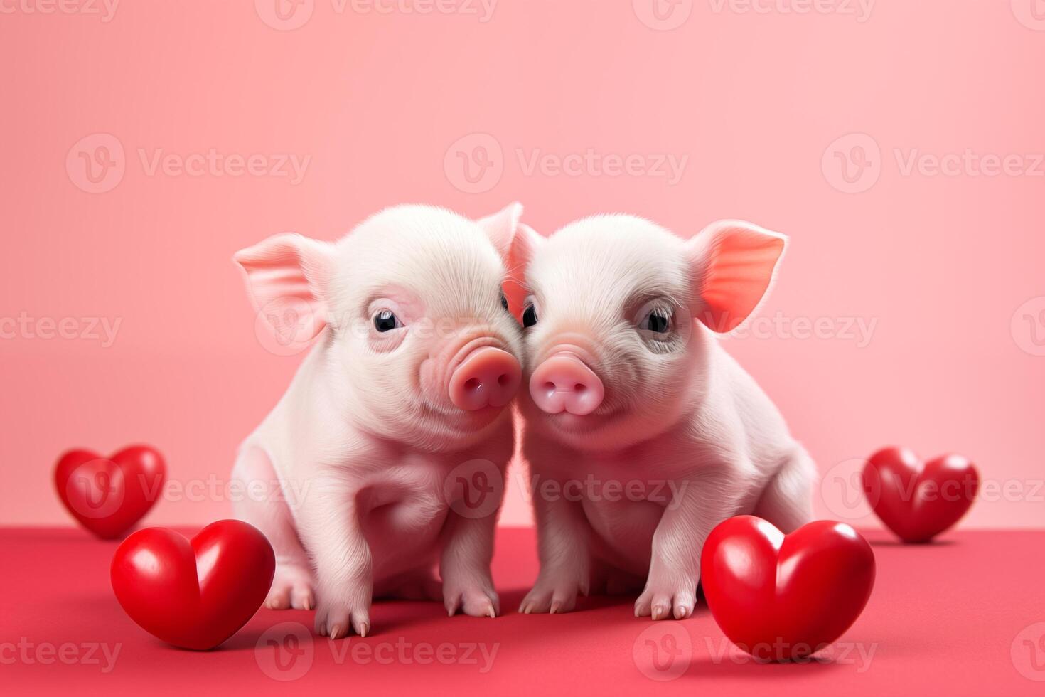 contento San Valentino giorno, san valentino giorno, amore, celebrazione concetto saluto carta con testo - carino bambino maiali coppia Tenere un' rosso cuore , isolato su rosa foto