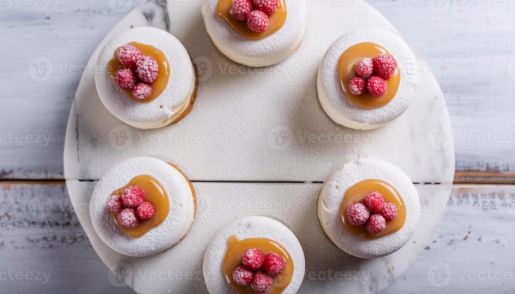 il bianca torta è sormontato con rosa lamponi su un marmo bianca asse, sormontato con caramello salsa e in polvere zucchero su il blu pastello sfondo foto