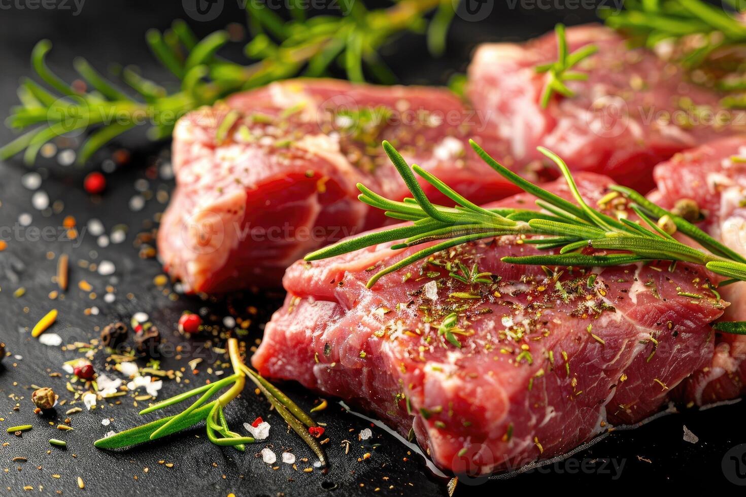 crudo Maiale bistecca con rosmarino e spezie. foto