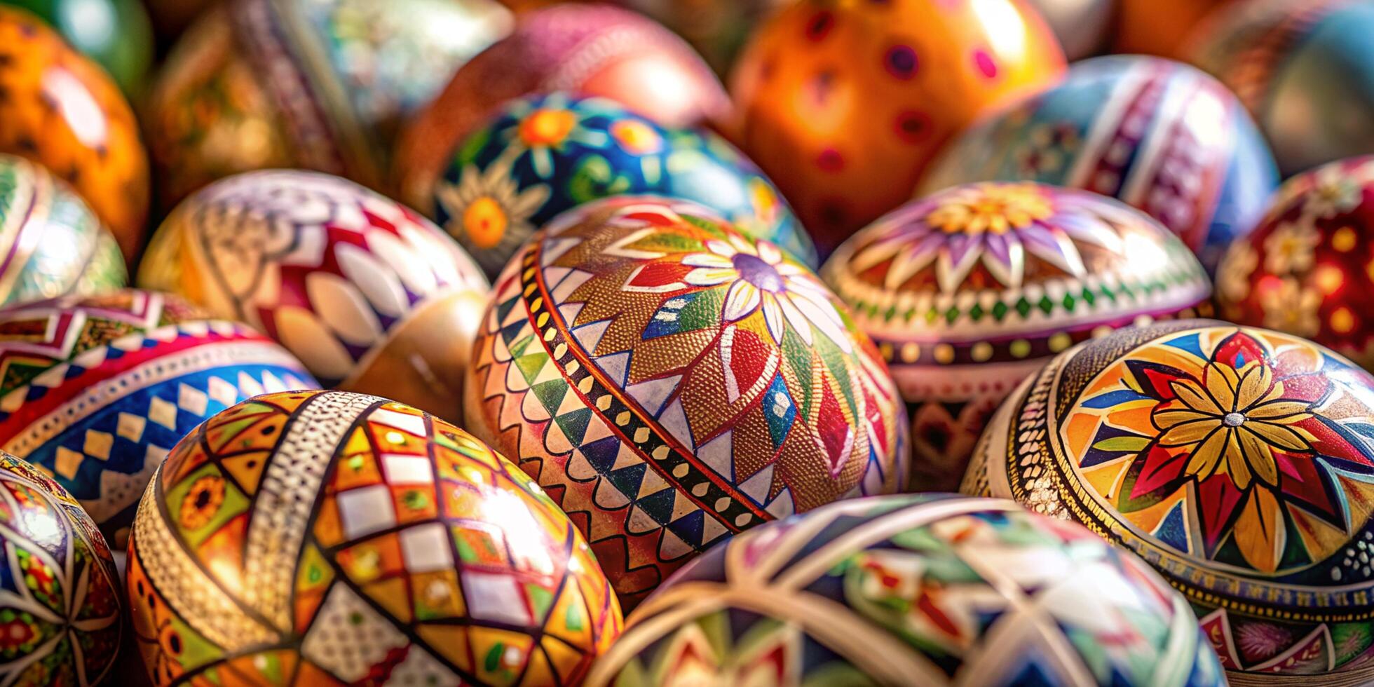 avvicinamento tanto di meravigliosamente dipinto Pasqua uova, bellissimo tradizionale modello Pasqua uova foto