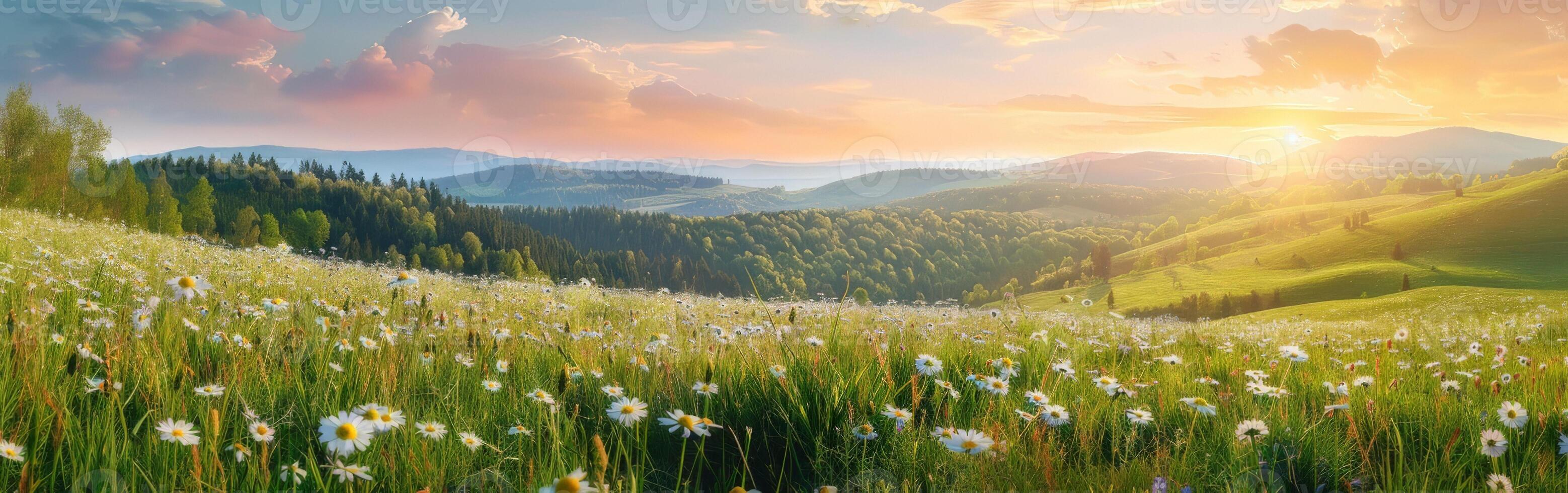 sole ambientazione al di sopra di montagne con fiori selvatici foto