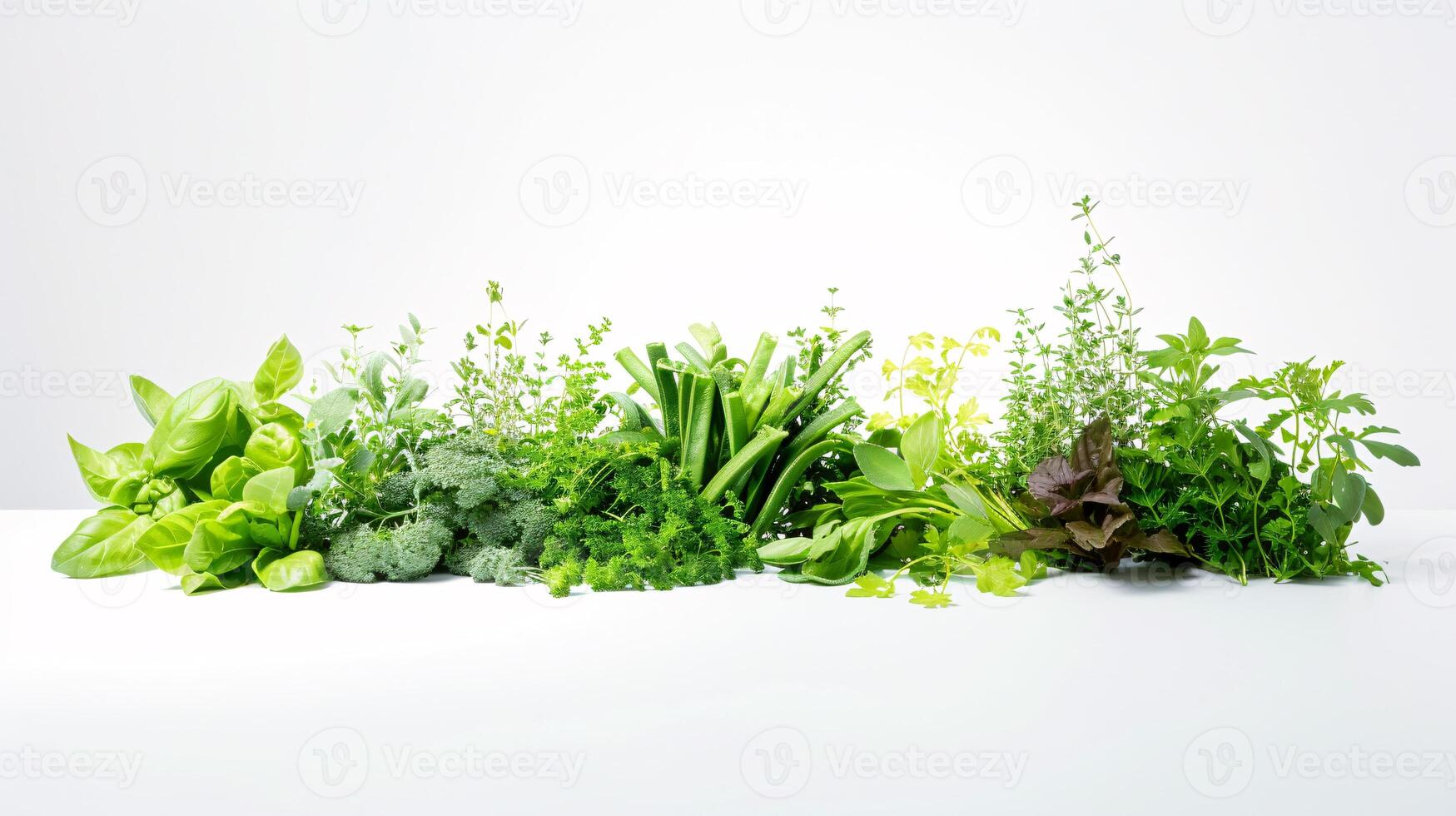 un' vivace Vettore di fresco erbe aromatiche e la verdura, le forme un' travolgente Schermo su il chiaro bianca superficie. foto