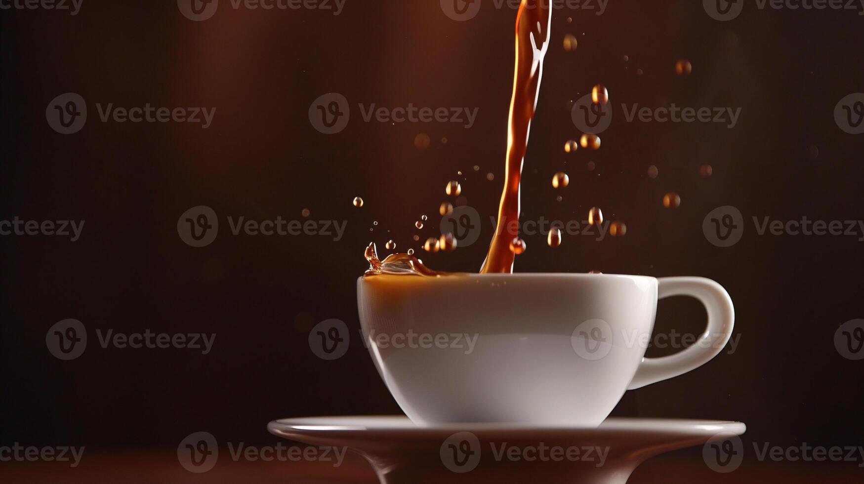 il fluido bellezza di scrosciante caffè in un' incontaminato tazza, catturato nel mezz'aria foto