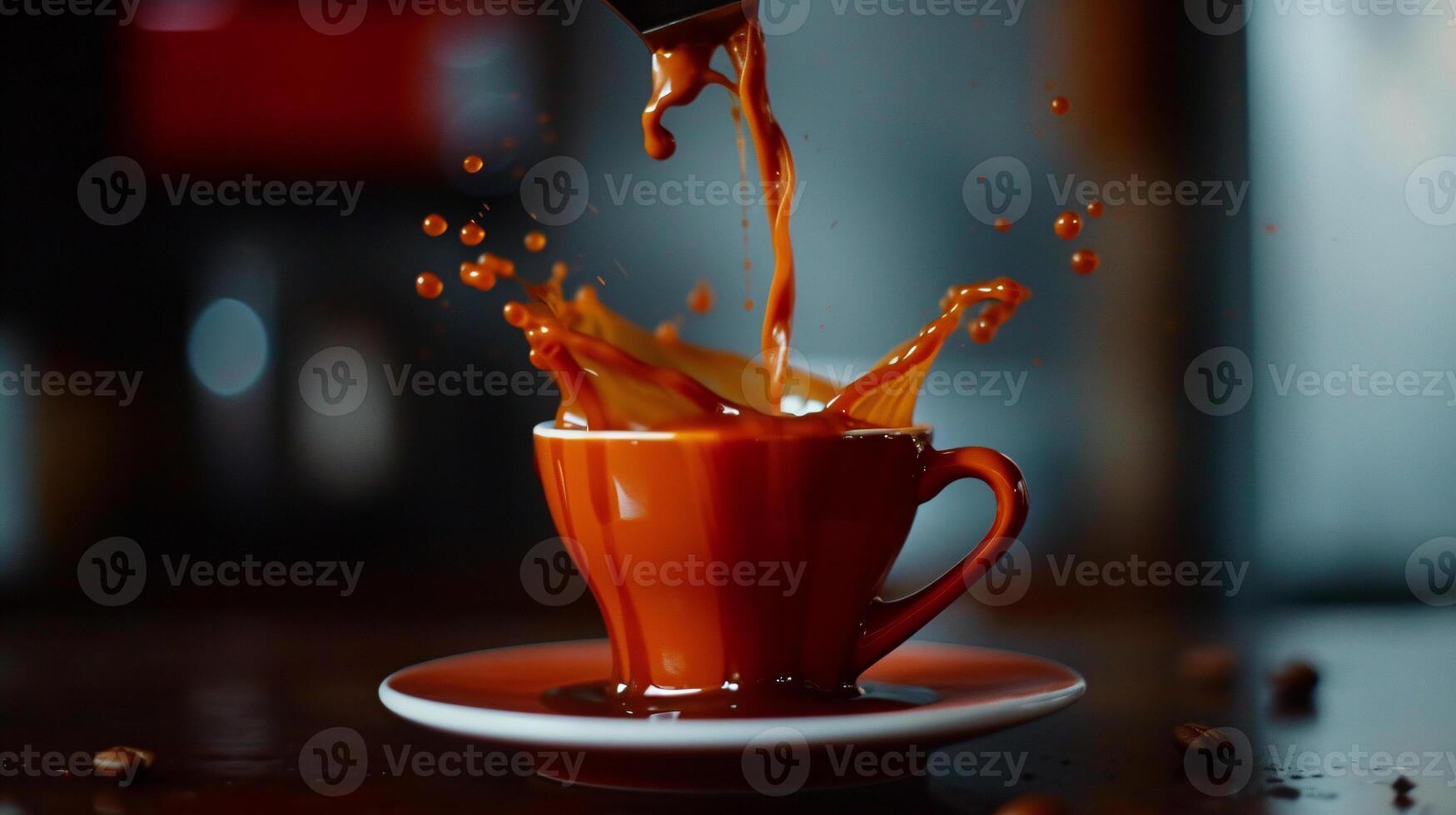 il fluido bellezza di scrosciante caffè in un' incontaminato tazza, catturato nel mezz'aria foto