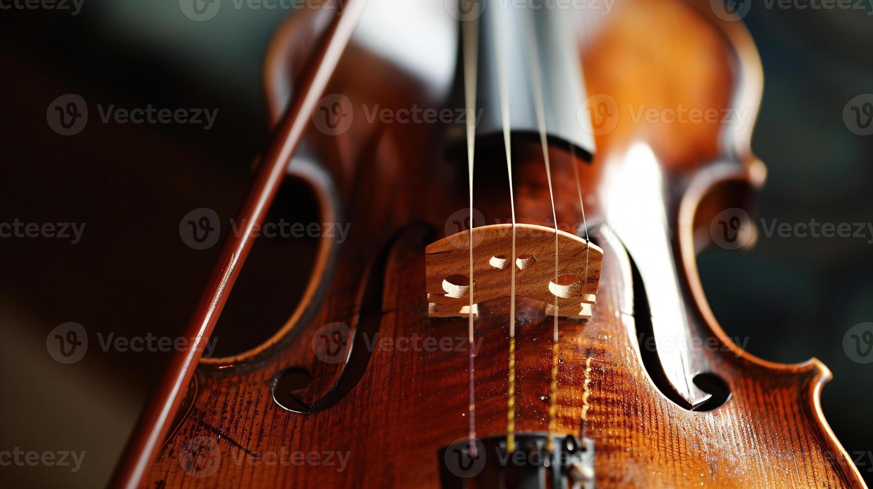 armonia di musicale strumenti, messa a fuoco su il elegante curve di un' violino foto