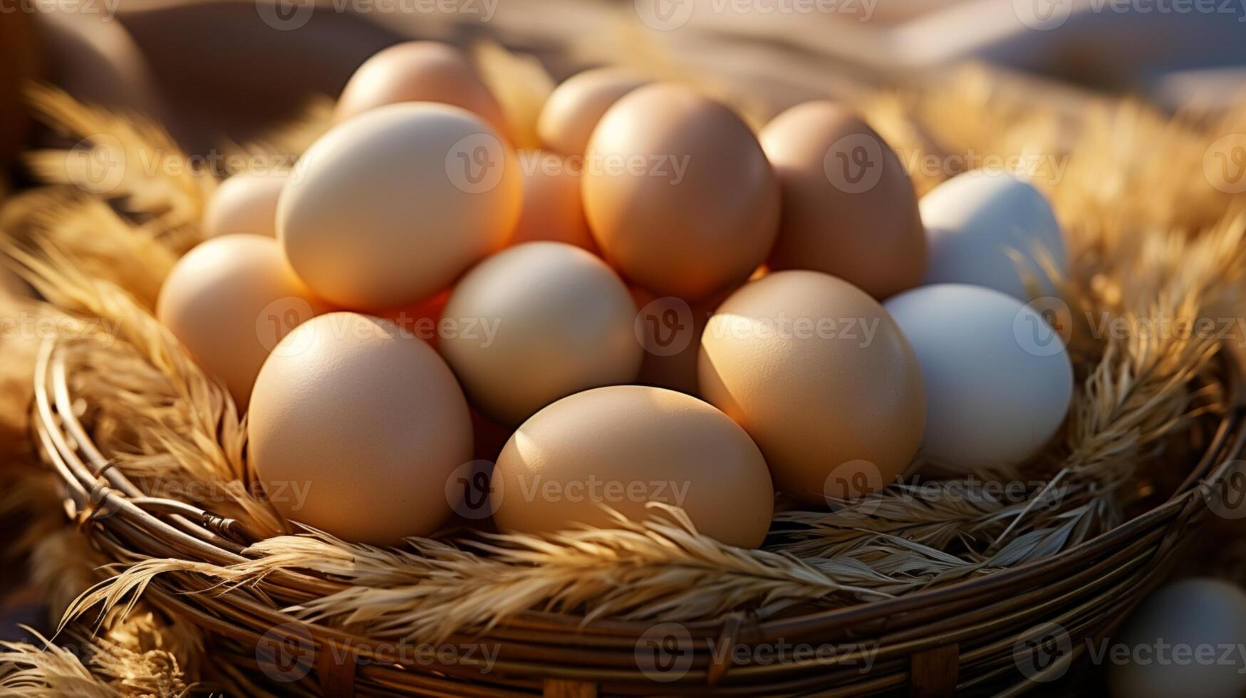 uovo gallina uccello Marrone su di vimini cestino per biologico azienda agricola foto