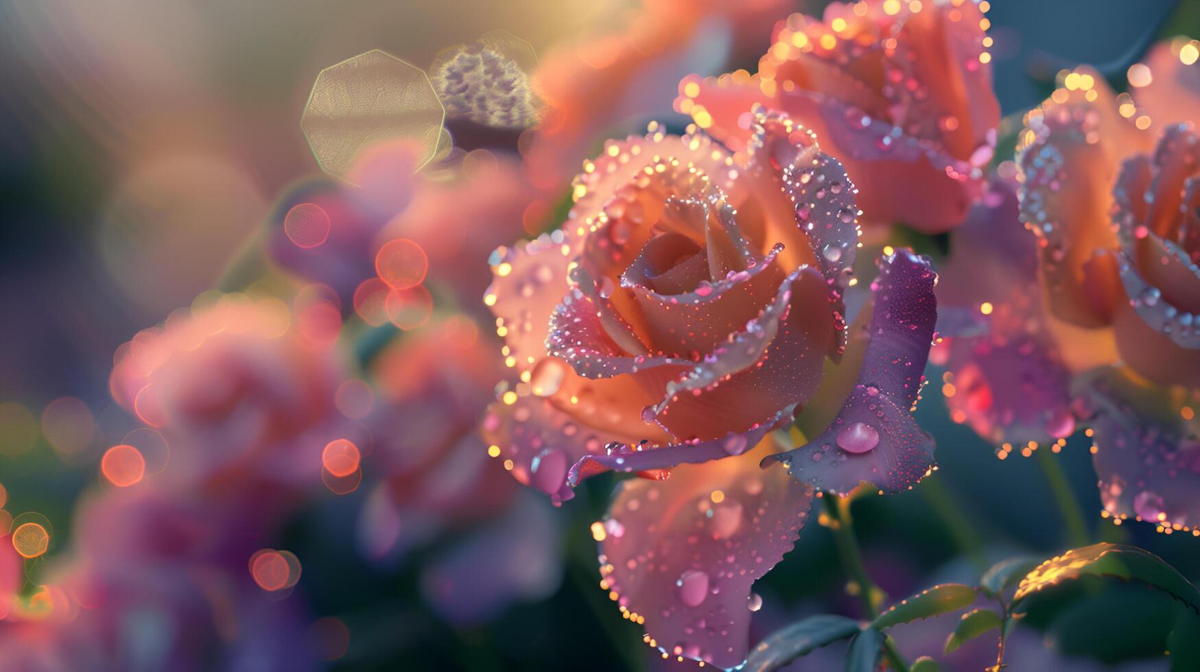 avvicinamento di baciato dalla rugiada Rose a alba, vivace colori, superficiale profondità di campo foto