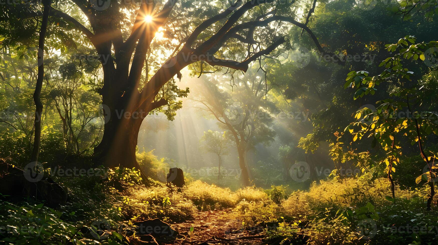 Visualizza di luce del sole penetrante il alberi nel il mezzo di il foresta foto
