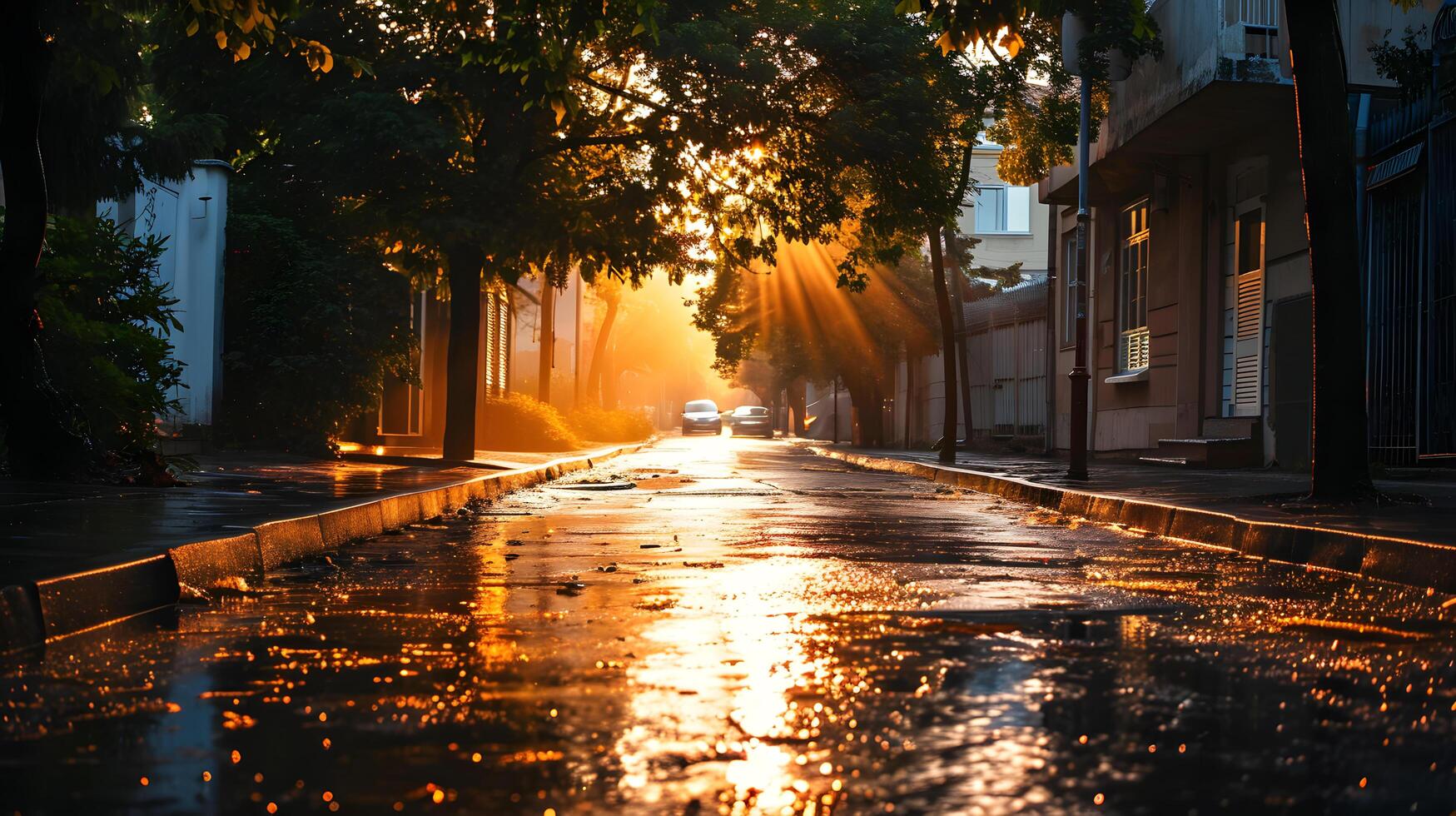 strada Visualizza dopo pioggia con delicato luce del sole foto
