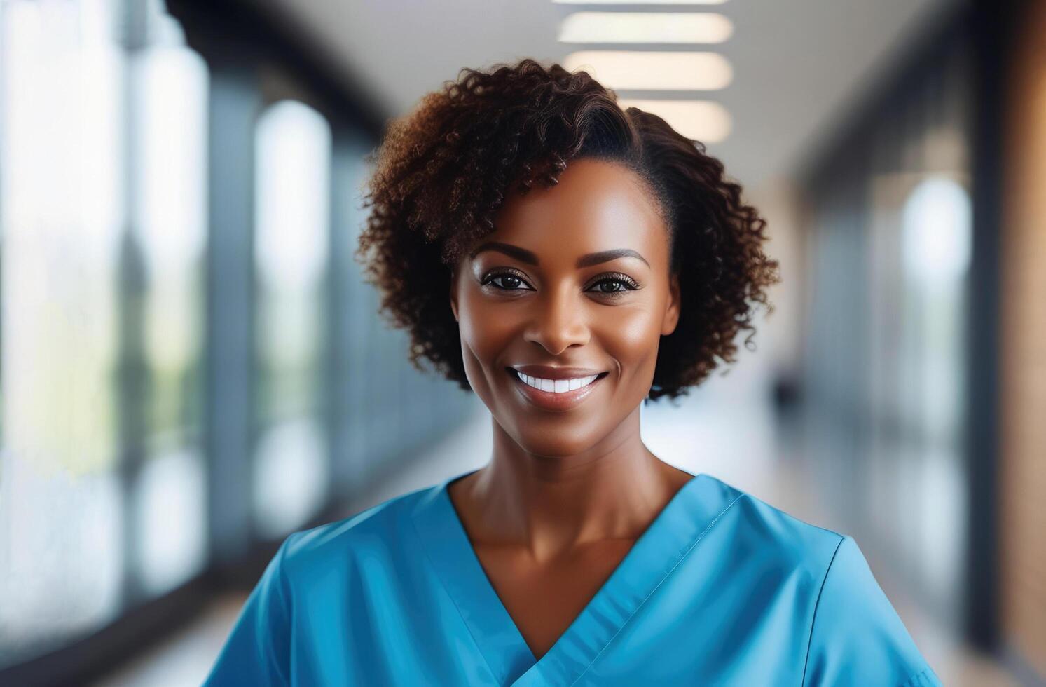 giovane nero femmina medico nel blu strofina, sorridente guardare nel telecamera, ritratto di donna medico professionale, ospedale medico, fiducioso professionista o chirurgo a opera. foto