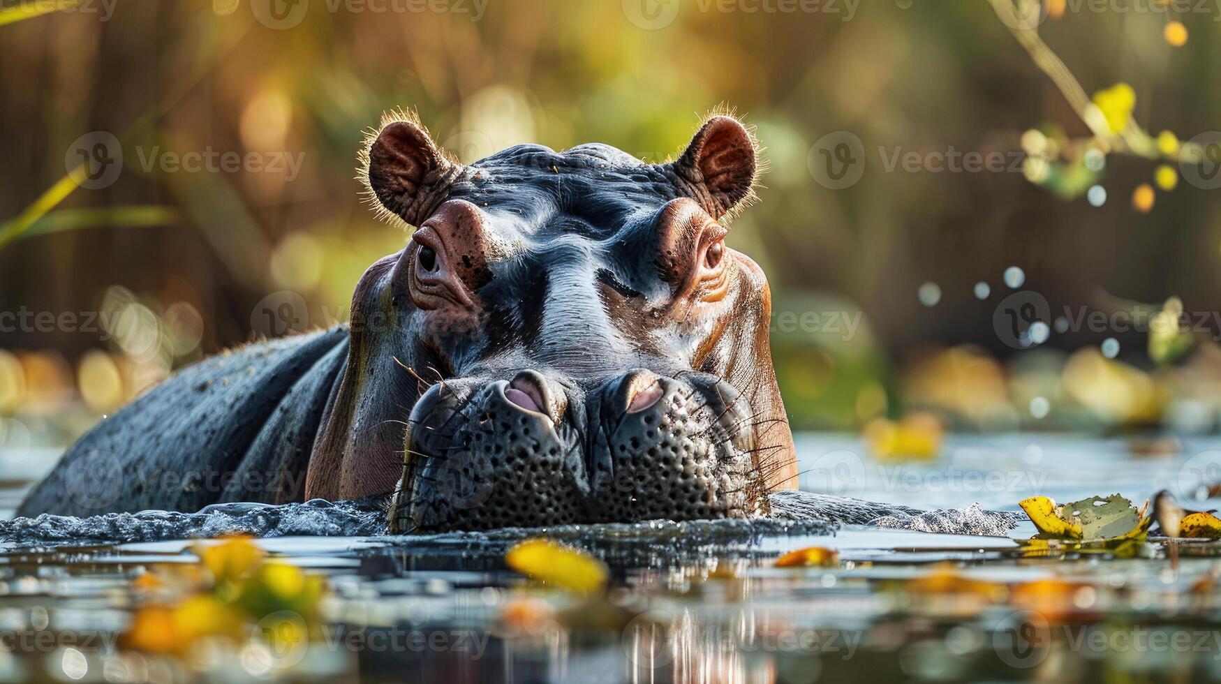 travolgente ritratto di ippopotamo nel suo naturale ambiente, esso sguardi in telecamera mentre rilassante nel acque di sub sahariana Africa. fascino di animali selvatici, promozione turismo nel il la zona foto