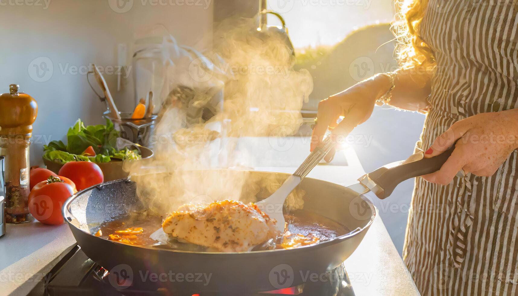 un' persona è cucinando pollo nel un' padella su un' stufa foto