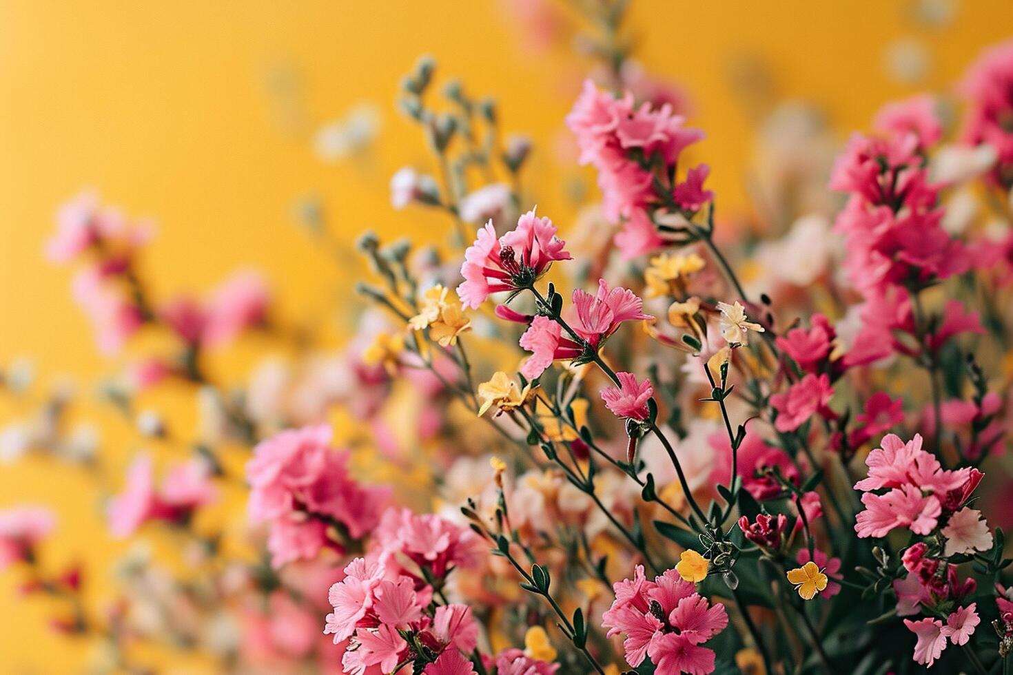 rami fioritura con rosa fiori su un' giallo sfondo. generato di artificiale intelligenza foto