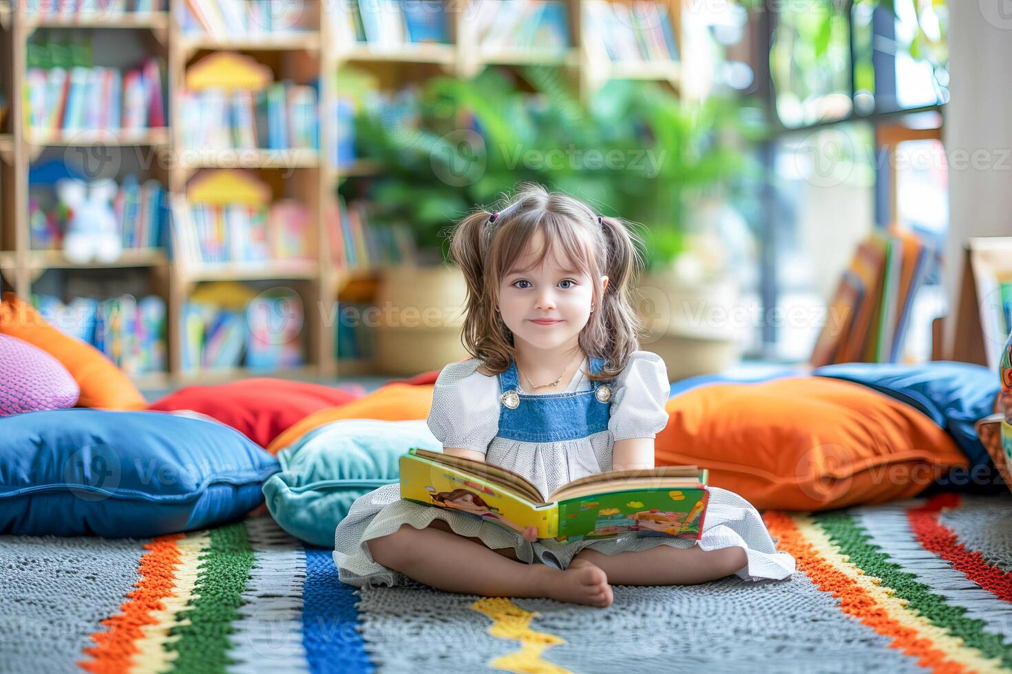 poco ragazza seduta su il pavimento nel cuscini con un' libro. . foto