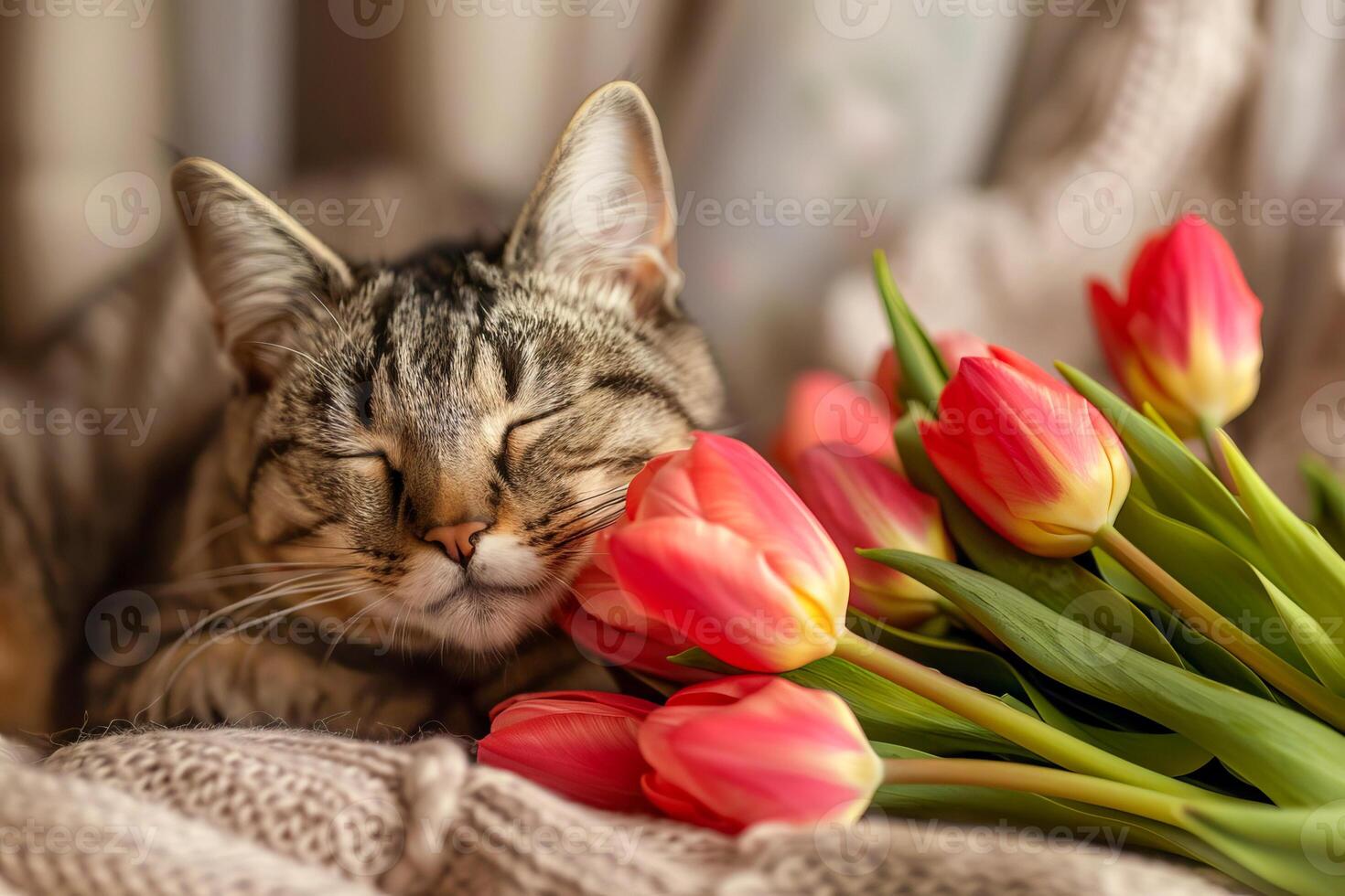 domestico soriano gatto con tulipani. . foto