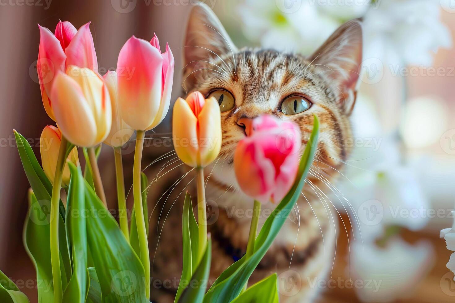 domestico soriano gatto con tulipani. . foto