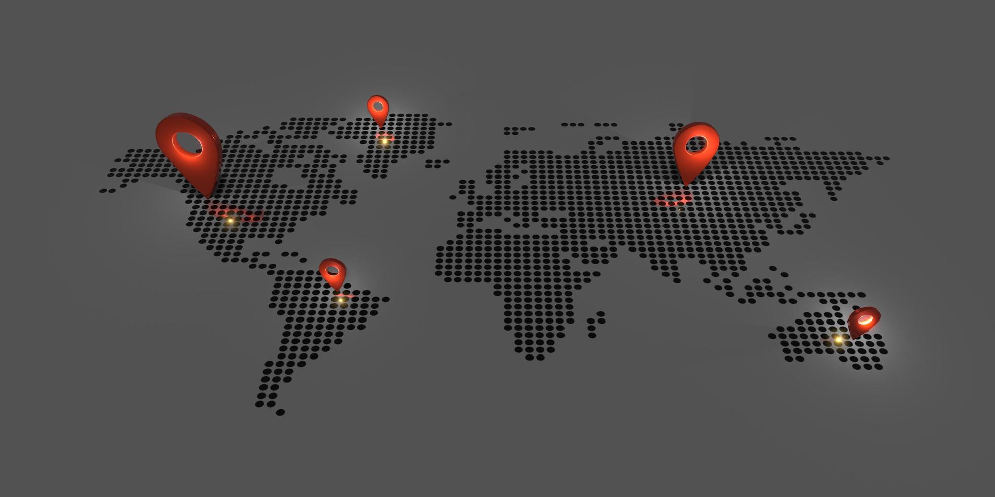 pin sulla mappa del mondo toni scuri e perni luminosi comunicazione aziendale globale 3d illustrazione foto