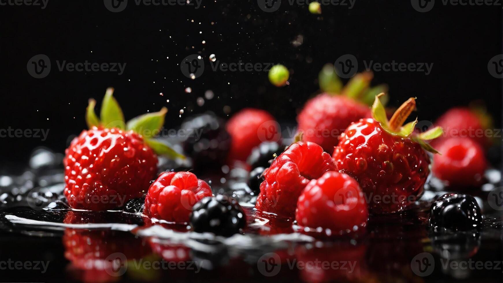 fresco bacca frutta con acqua spruzzo su nero sfondo foto