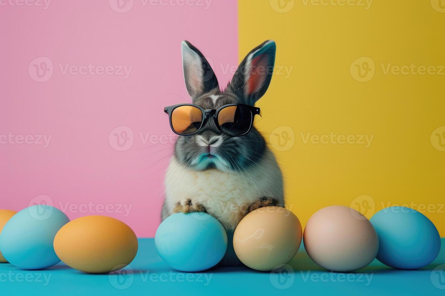 un' coniglio indossare un' occhiali da sole emerge a partire dal il grande uovo con bellissimo colorato conchiglie su un' piatto colore sfondo. foto