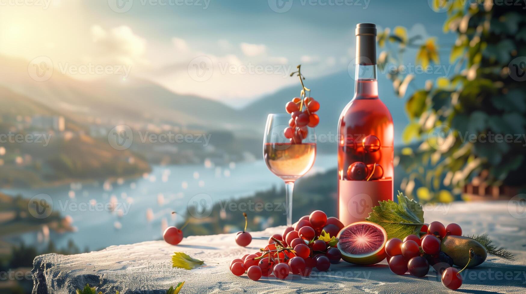 un' bottiglia pieno con rosso vino e il bicchiere di lato posto su un' simpatico calcestruzzo, alcuni tritato tropicale frutta. bellissimo montagne nel il scenario. generato di artificiale intelligenza. foto