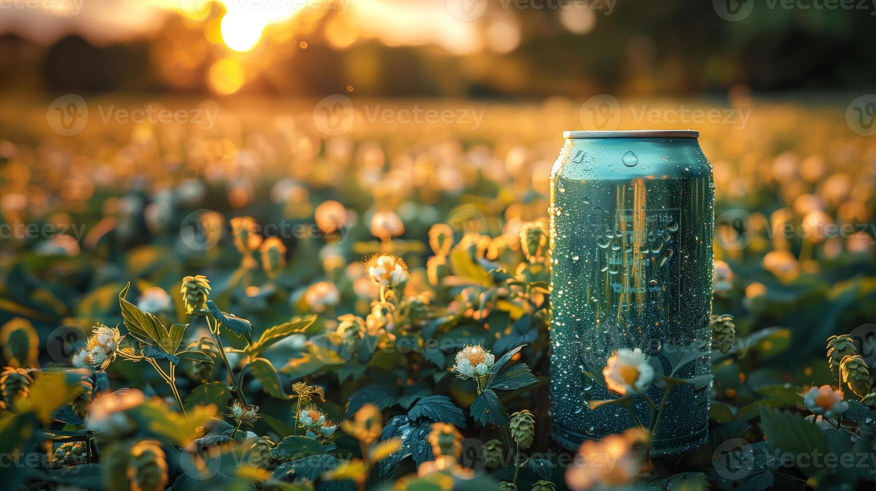 un' verde può di birra nel un' luppolo campo, Basso angolo Visualizza. generato di artificiale intelligenza. foto