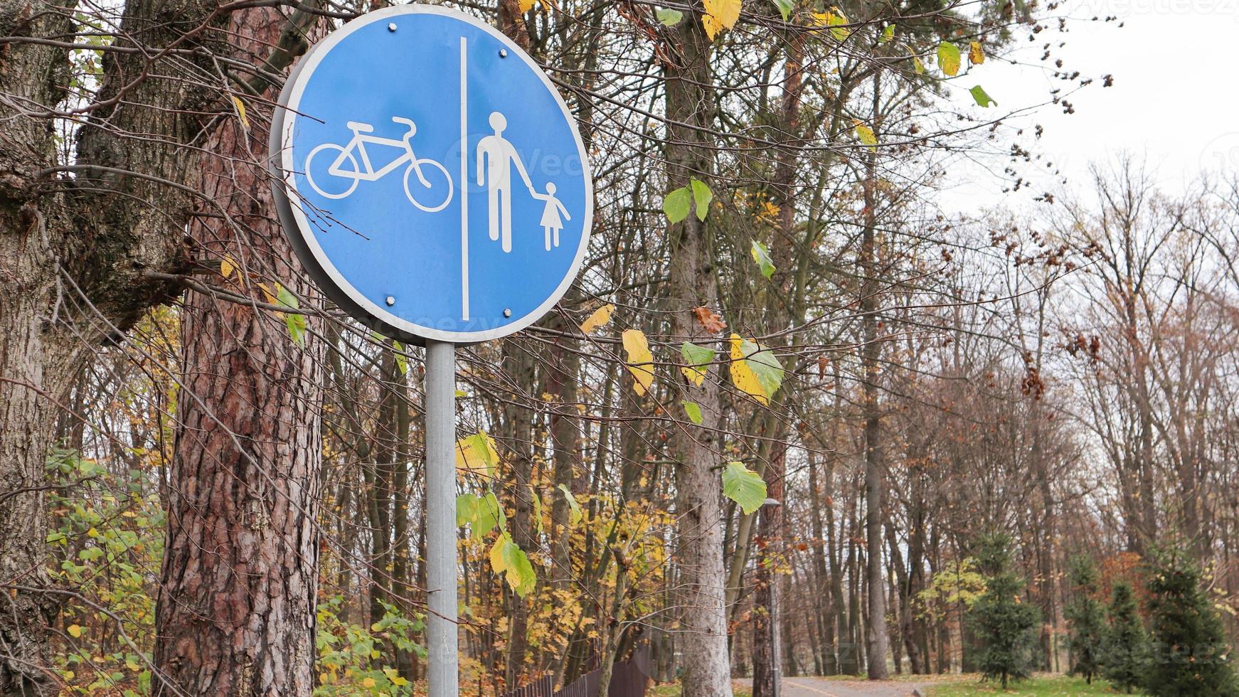 Segnale stradale pedonale e ciclabile con segni blu bianchi su uno sfondo di alberi e cielo blu in un parco in autunno. corsie separate per pedoni e ciclisti foto