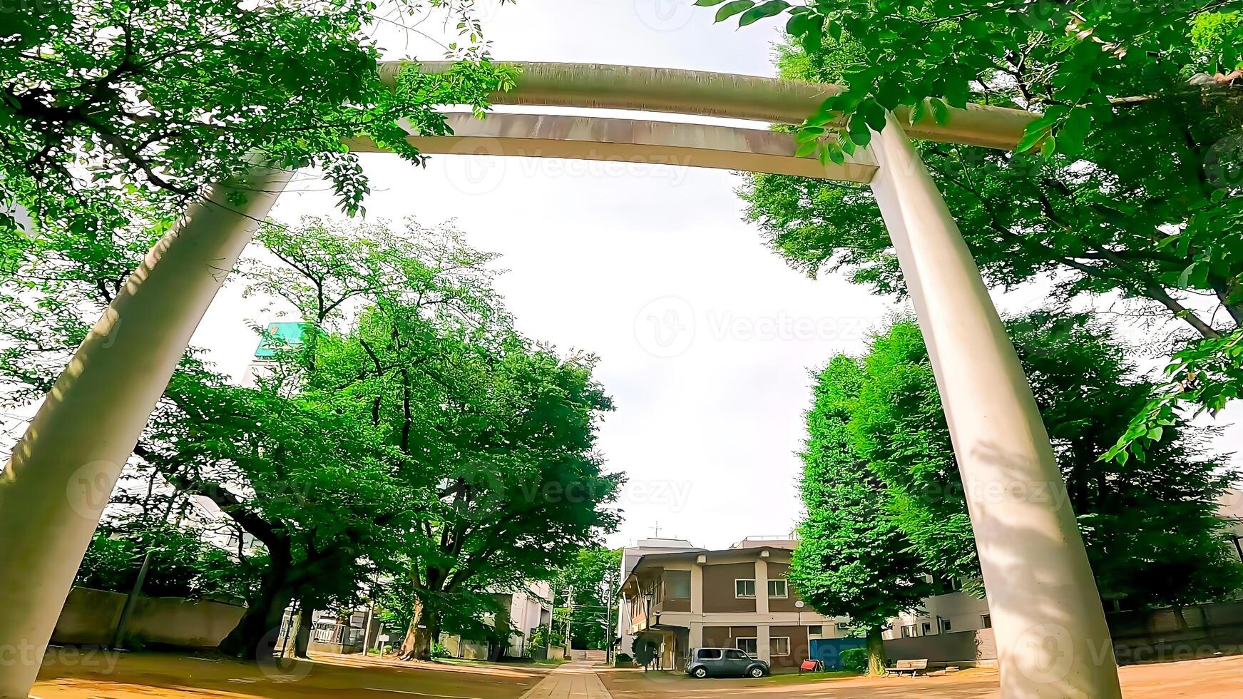 santuario torii in piedi nel un' vacante lotto kamimachi tenso santuario,, un' santuario nel setagaya, tokyo, Giappone adiacente per un' parco, esso è collocato nel il indietro di un' pulito spazio. foto